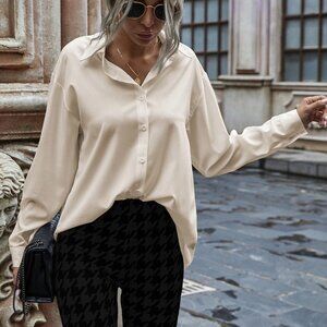 Preppy Solid Button Up Drop Shoulder Shirt Beige